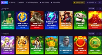 Game selection screen showing popular and featured slot games at SpinBet, including Big Bass Bonanza, Coin Strike, Spinbet Princess, and more